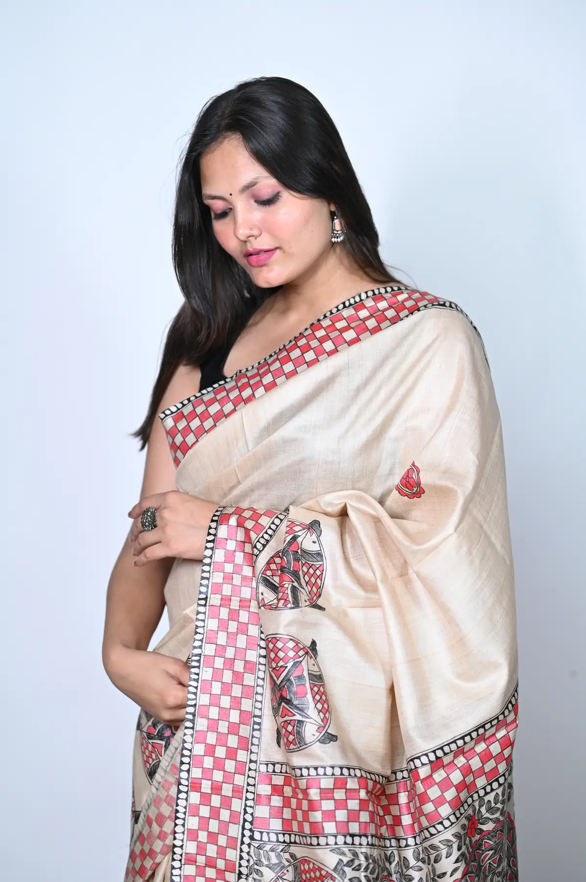 pure bhagalpuri tussar silk hand painted madhubani saree
