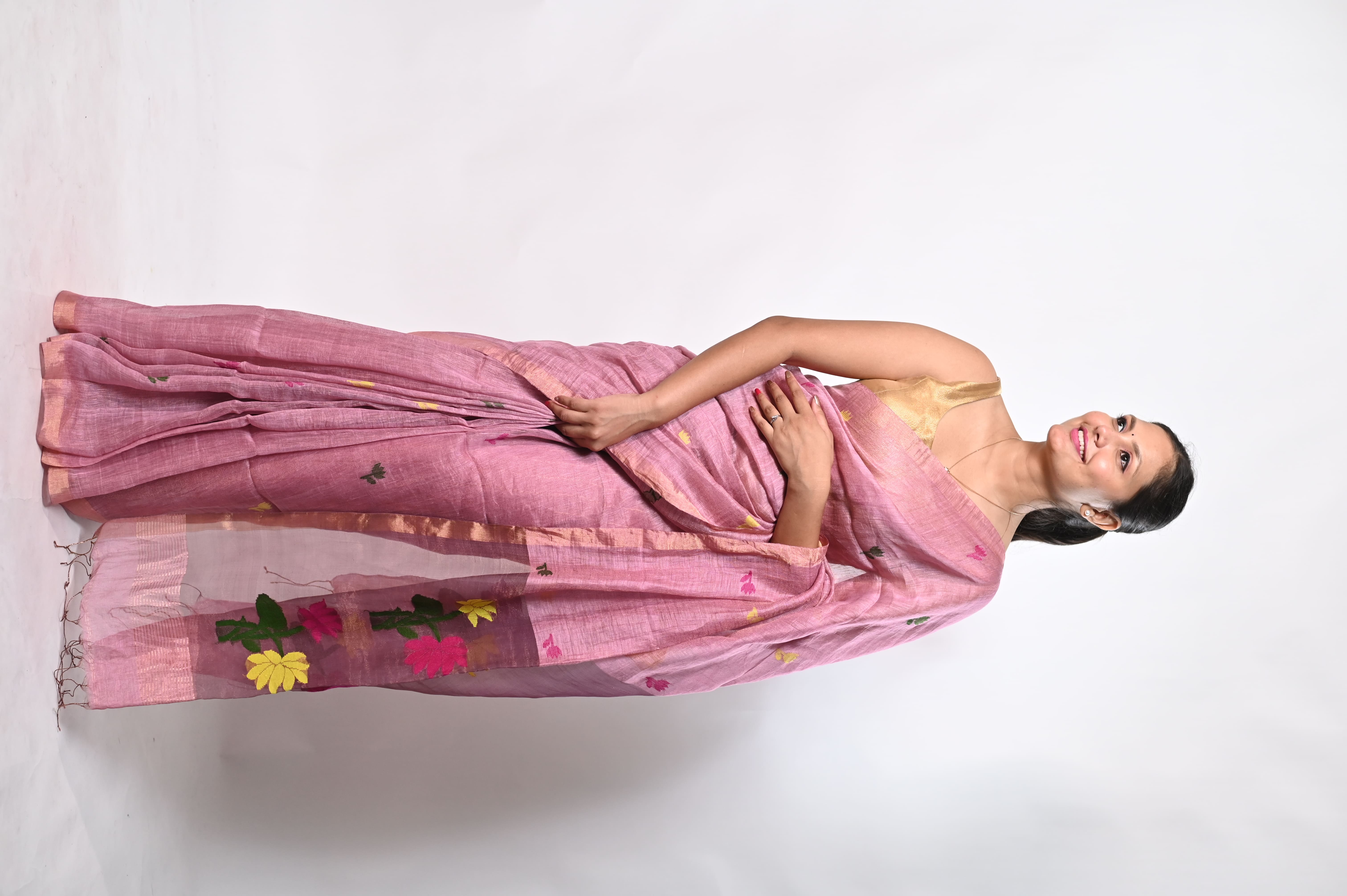 Premium Tissue Silk Linen Blend hand weaving needle work saree (Handloom)