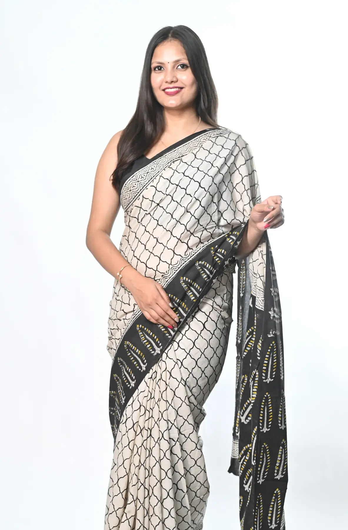 mulmul cotton natural handblock saree