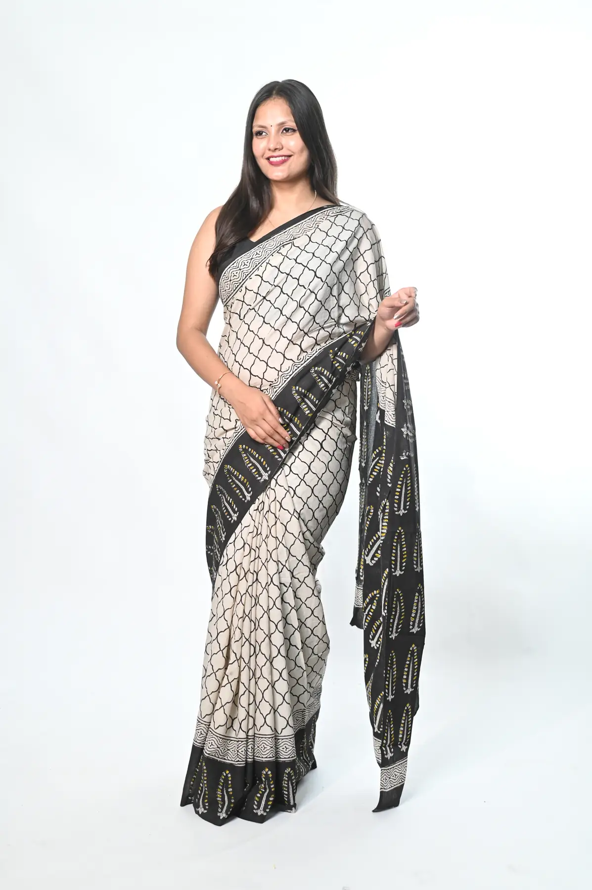 mulmul cotton natural handblock saree