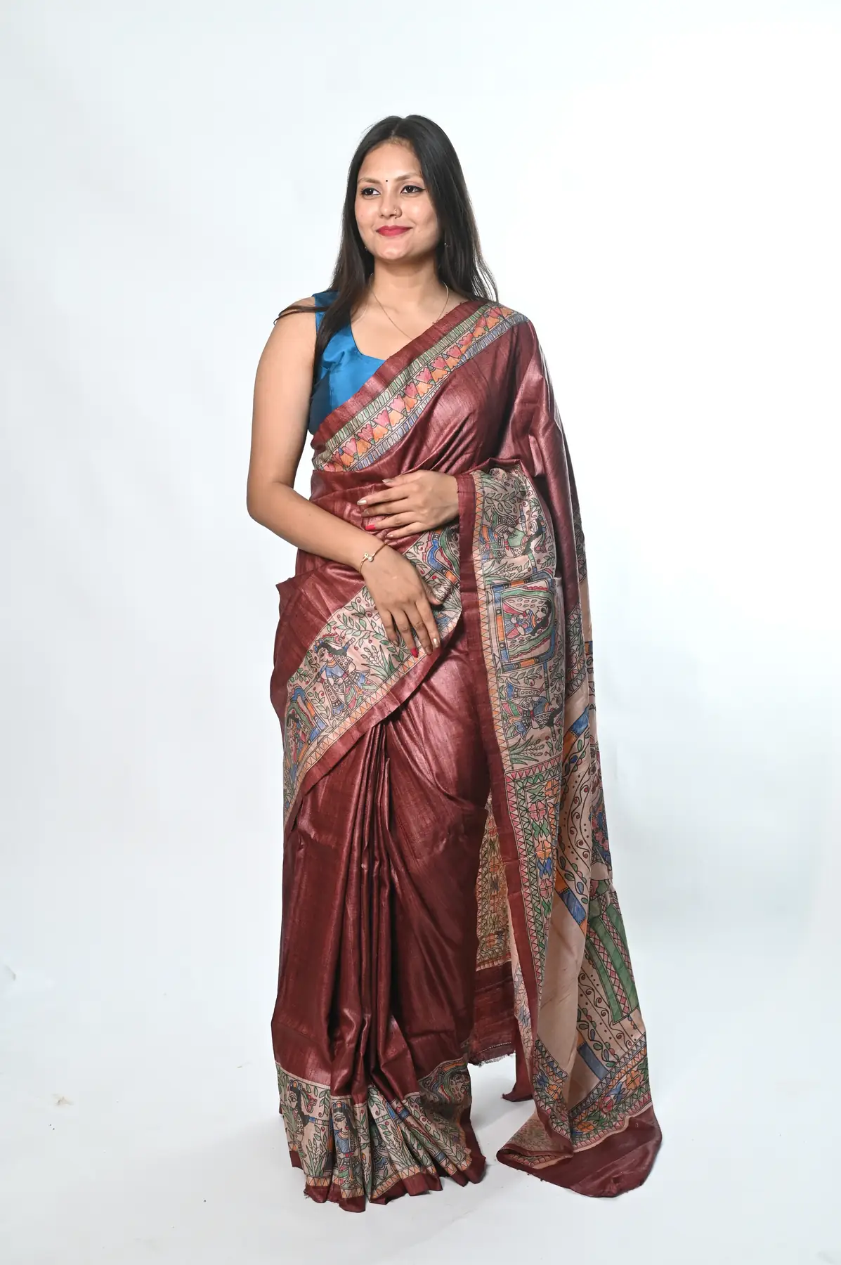 Hand madhubani painting saree tussar by tussar