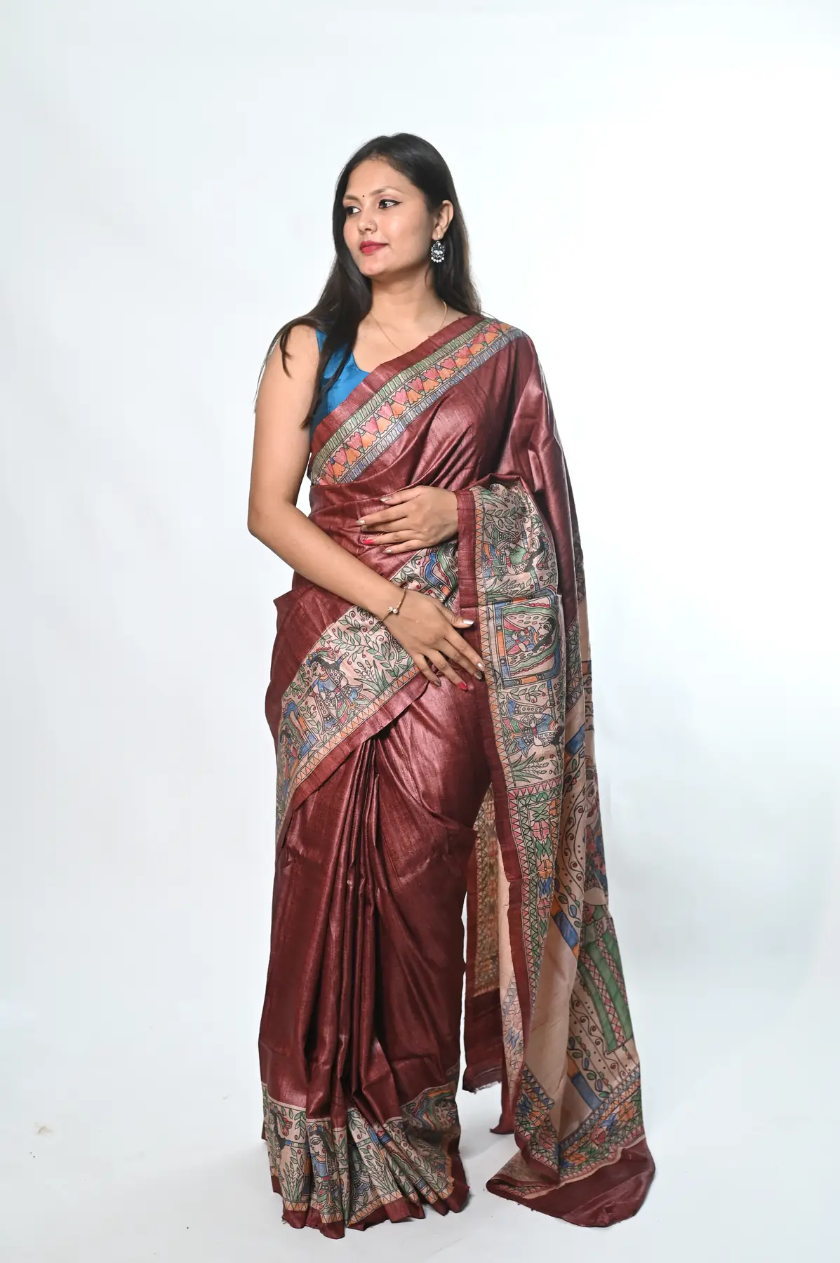Hand madhubani painting saree tussar by tussar