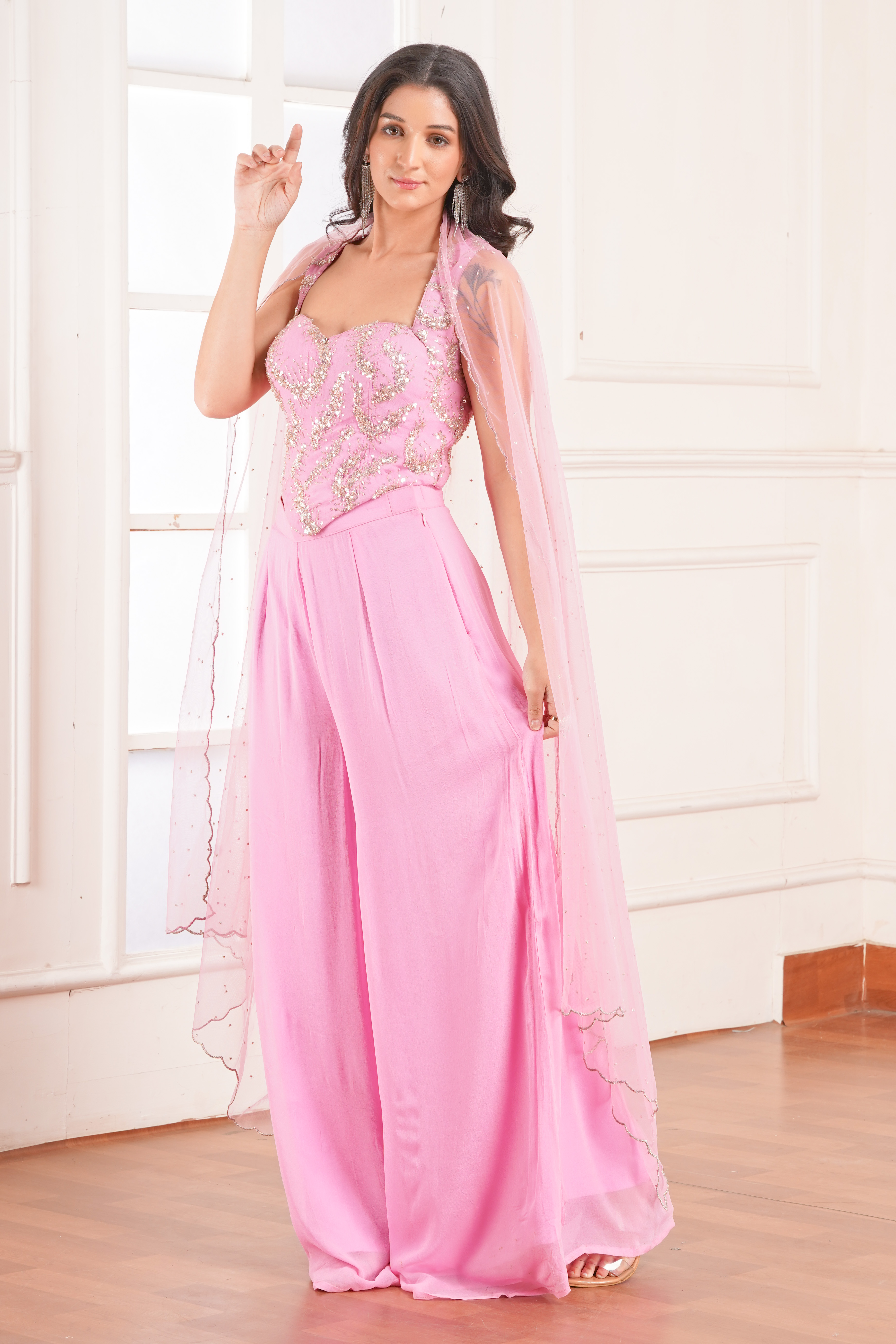 Pink Embroidered Pant Suit with Elegant Sheer Dupatta | Modern Festive Outfit