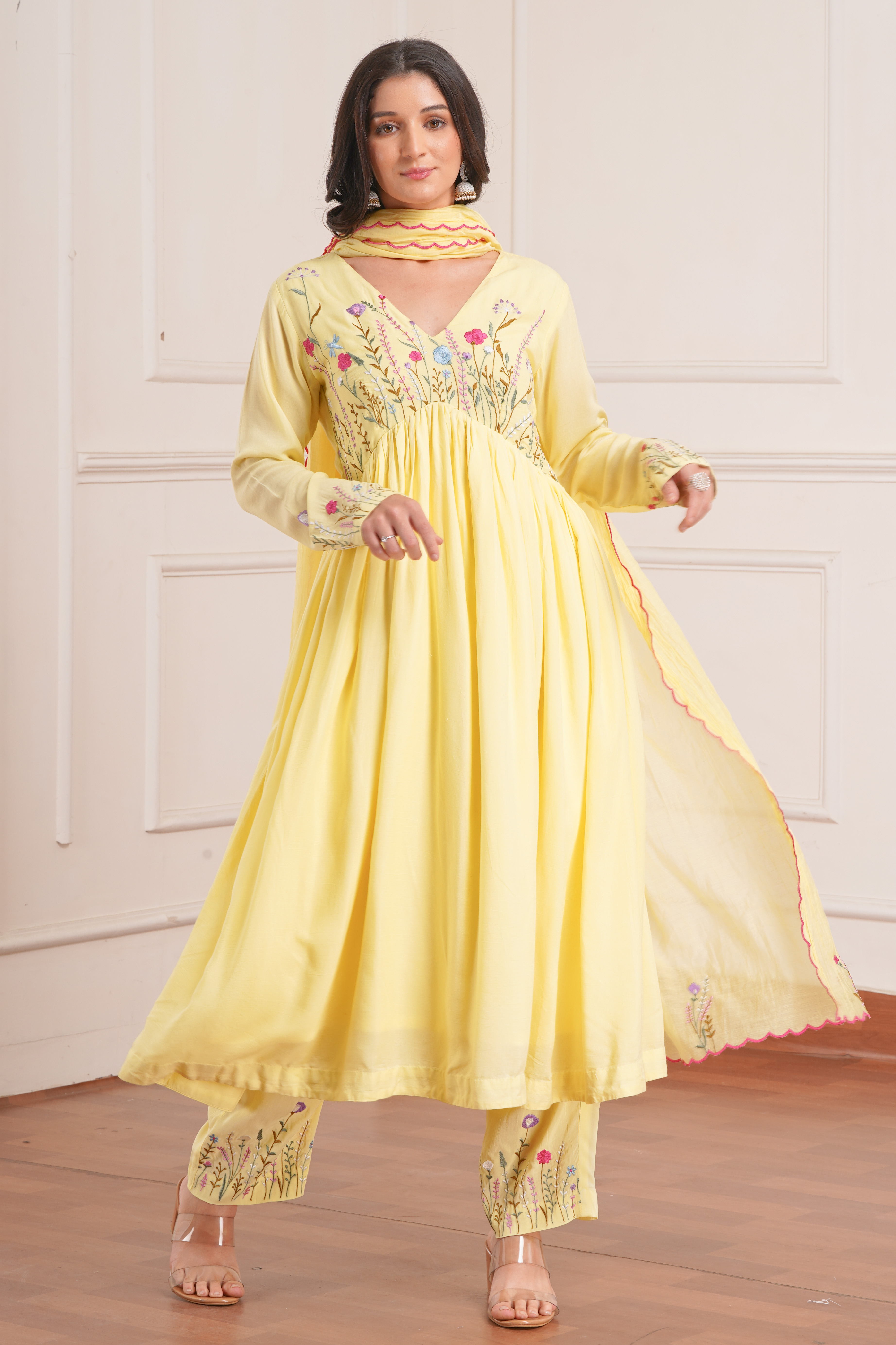 Lemon Yellow Floral Embroidered Anarkali Kurta Set with Dupatta