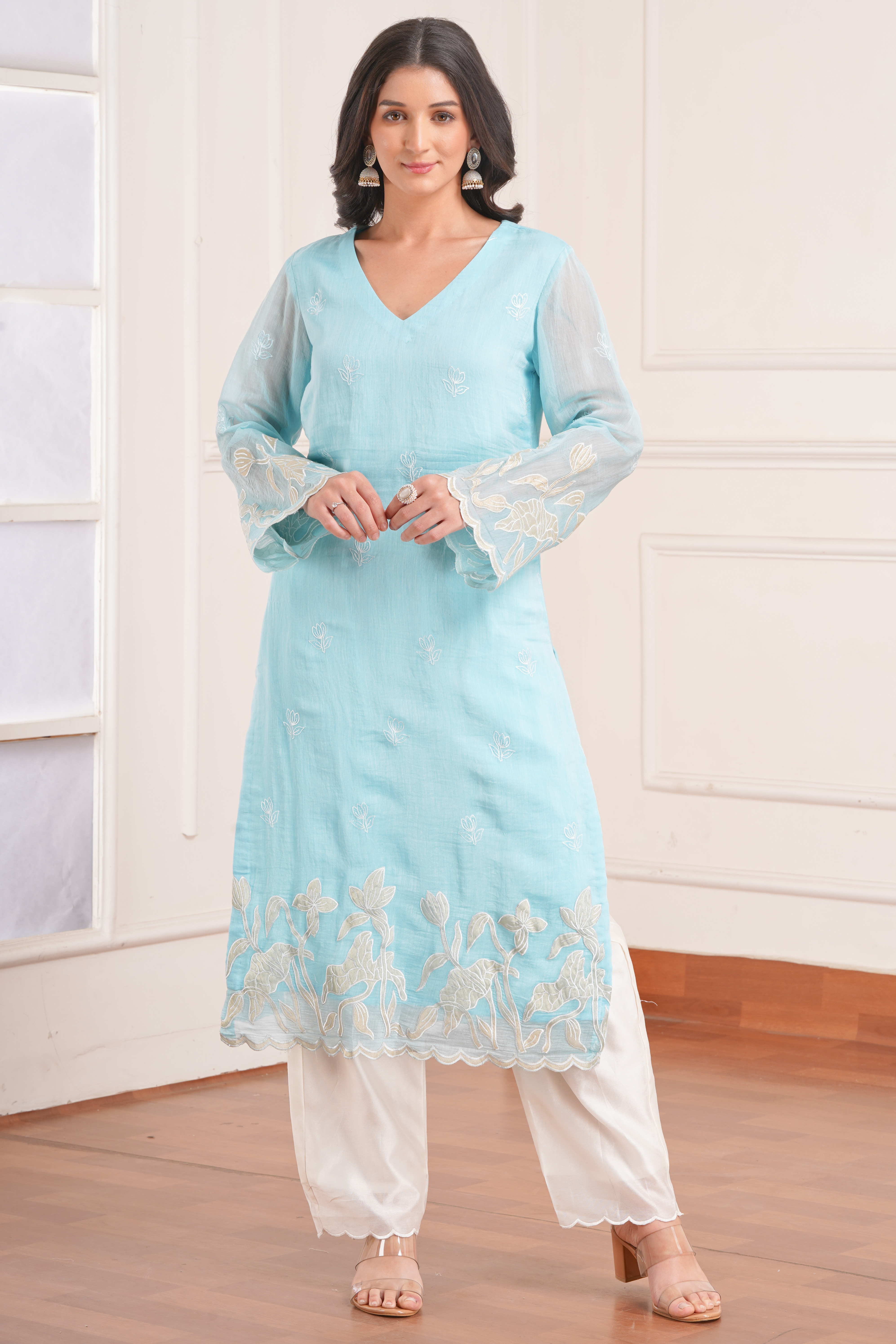 Elegant Light Blue Chanderi Silk Kurta Set with White dupatta