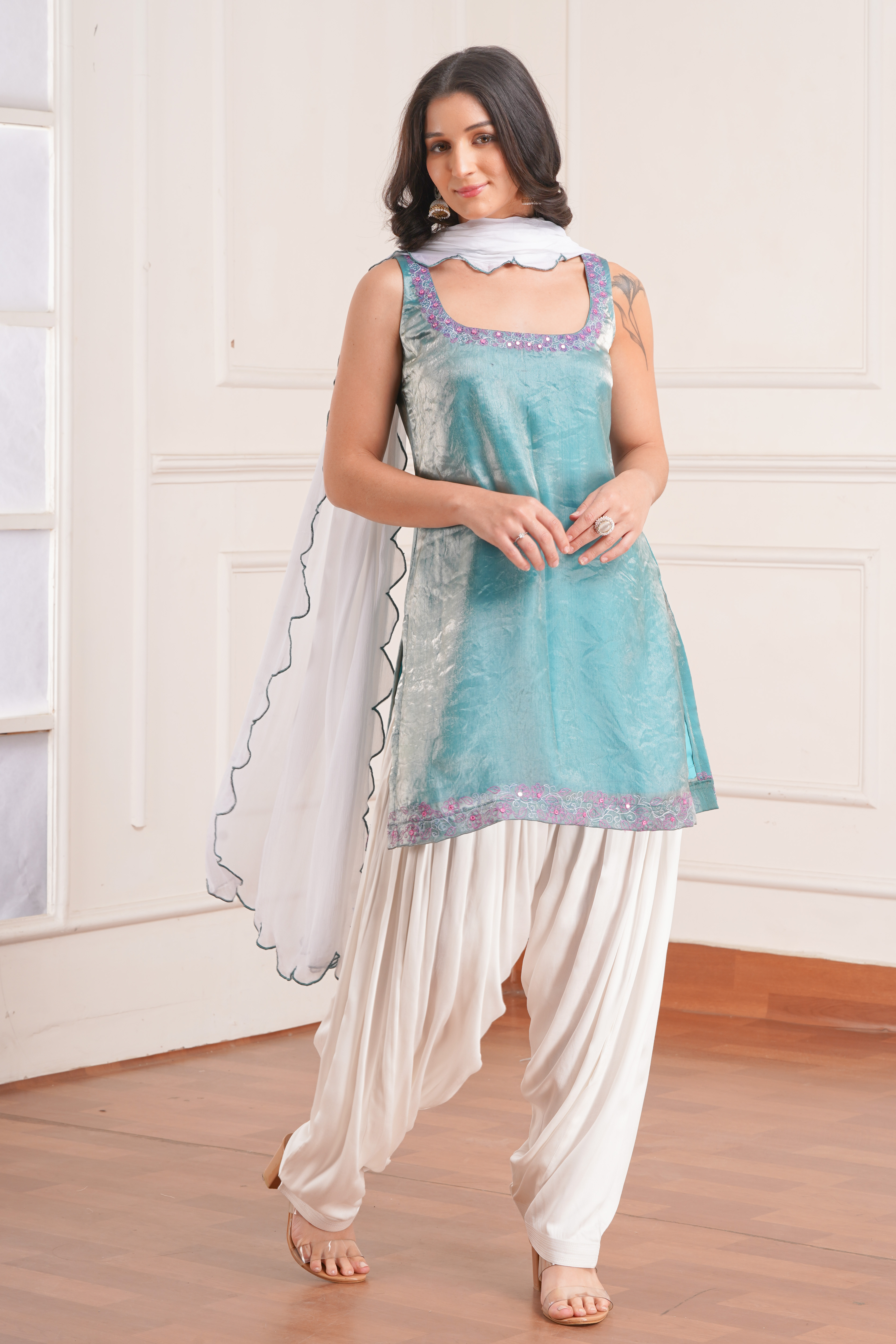 Teal Jimmy Chu Embroidered Kurta with White Patiala Chiffon Dupatta
